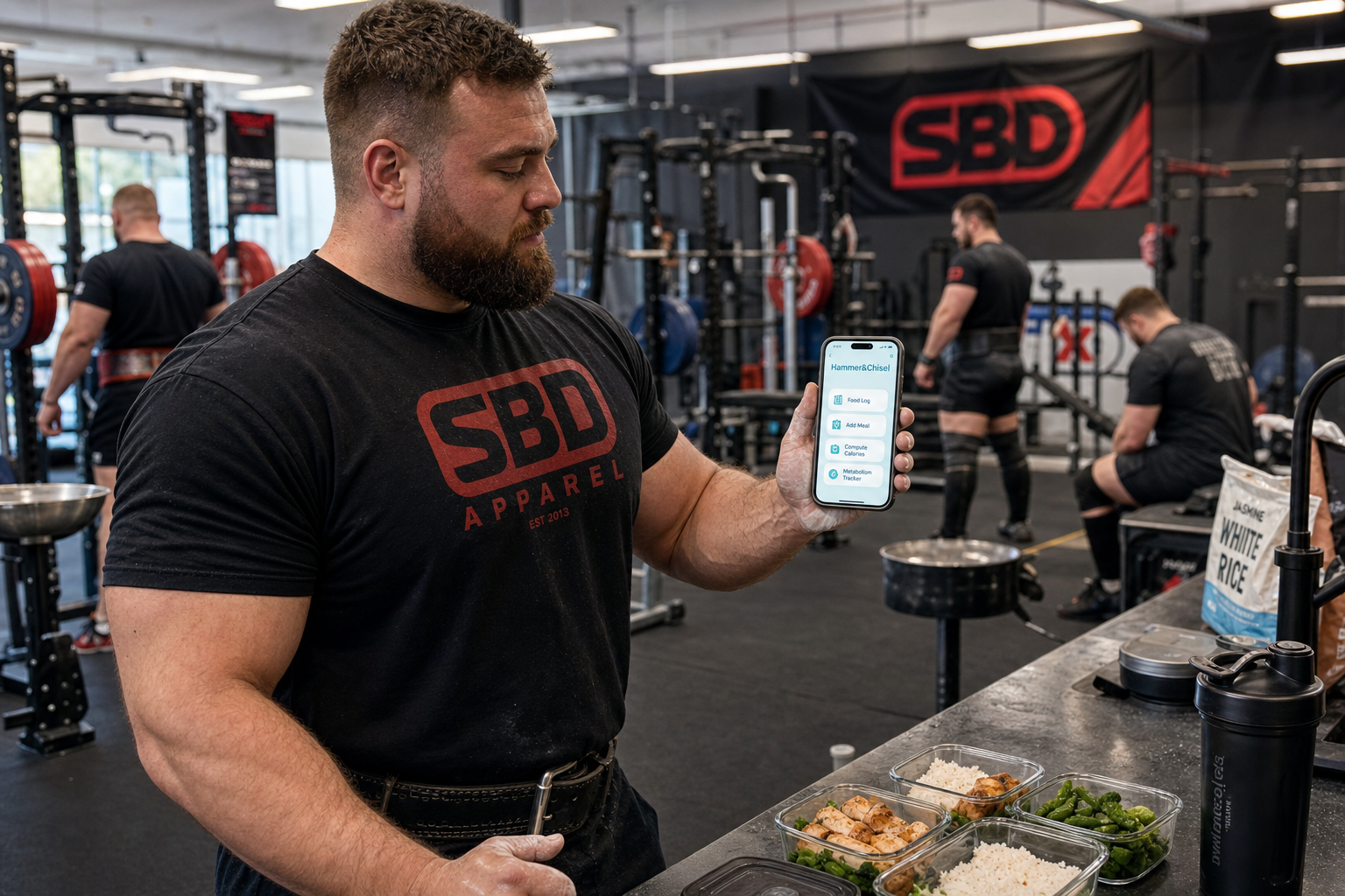 A competitive powerlifter using the Hammer&Chisel app in a powerlifting gym kitchen.