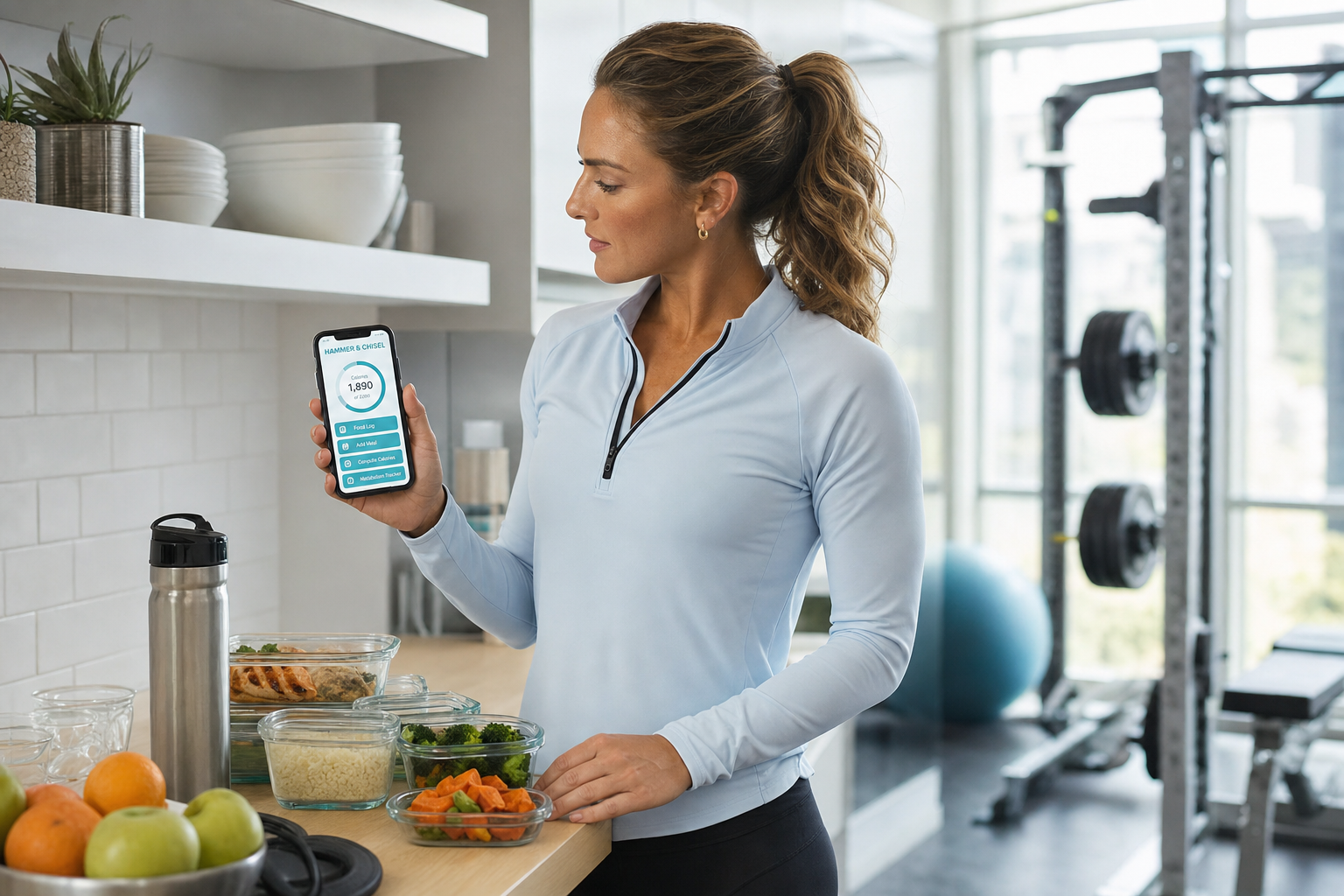 An athlete meal prepping and using the Hammer&Chisel app in a modern gym kitchen.