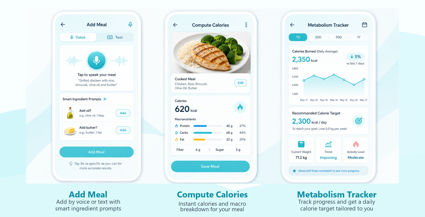 Three Hammer&Chisel app screens showing add meal, compute calories, and metabolism tracker views.