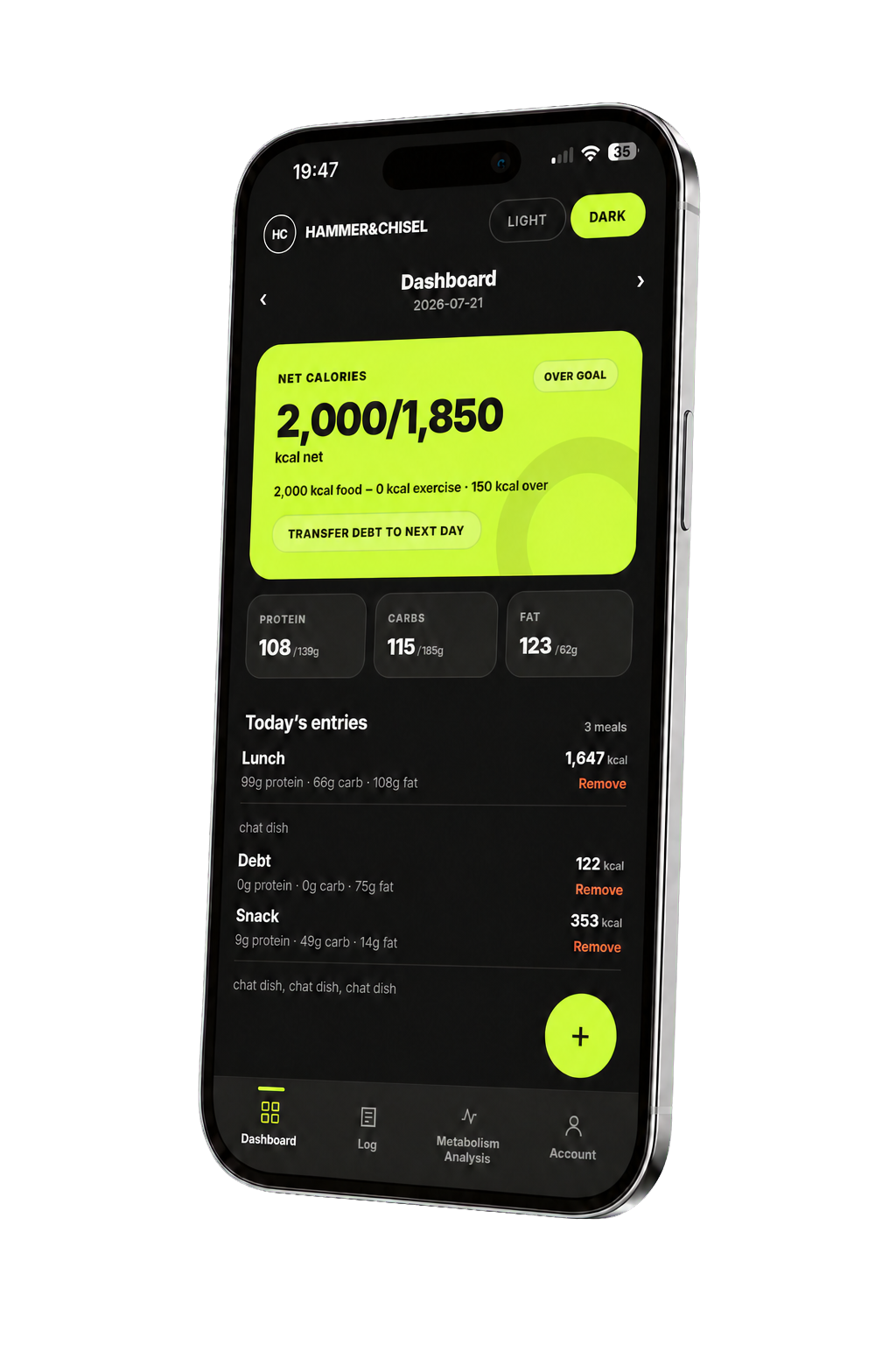 Hammer&Chisel app inside a phone, showing a food log and calorie tools.