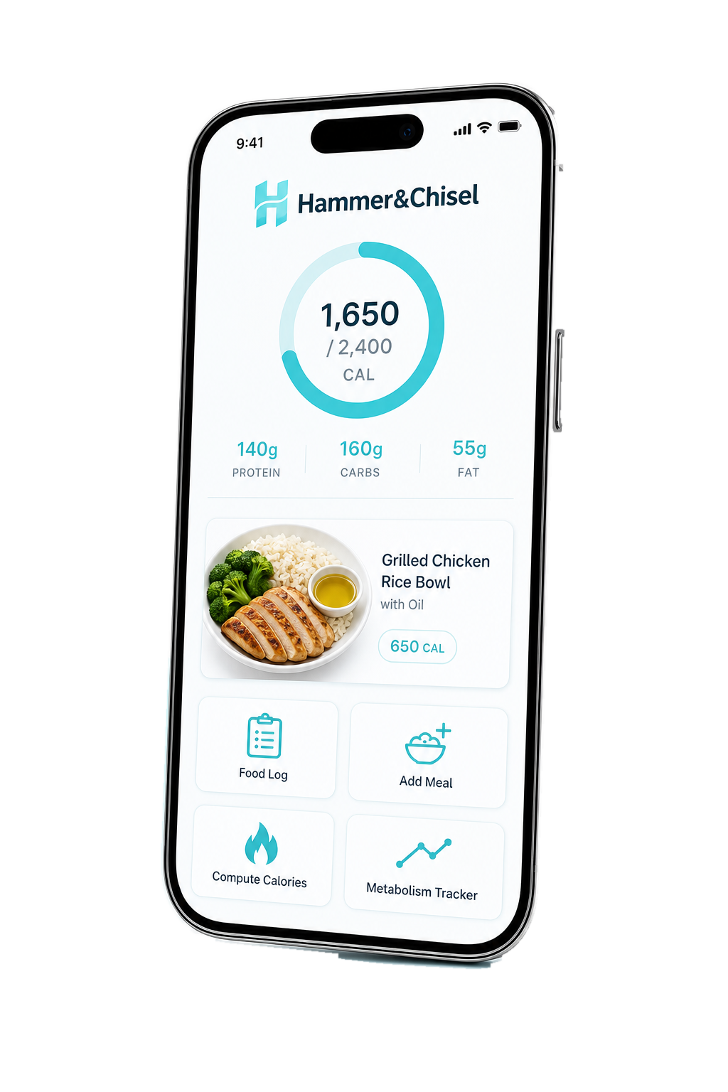 Hammer&Chisel app shown inside an iPhone with food log, add meal, compute calories, and metabolism tracker buttons.
