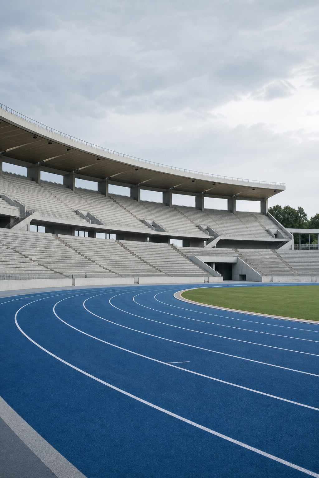 A sweeping blue athletics track inside a stadium.